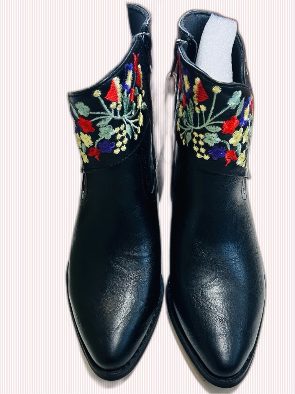 J. Adams “CORRAL” Black Ankle Boots with Multicolor Floral Embroidery